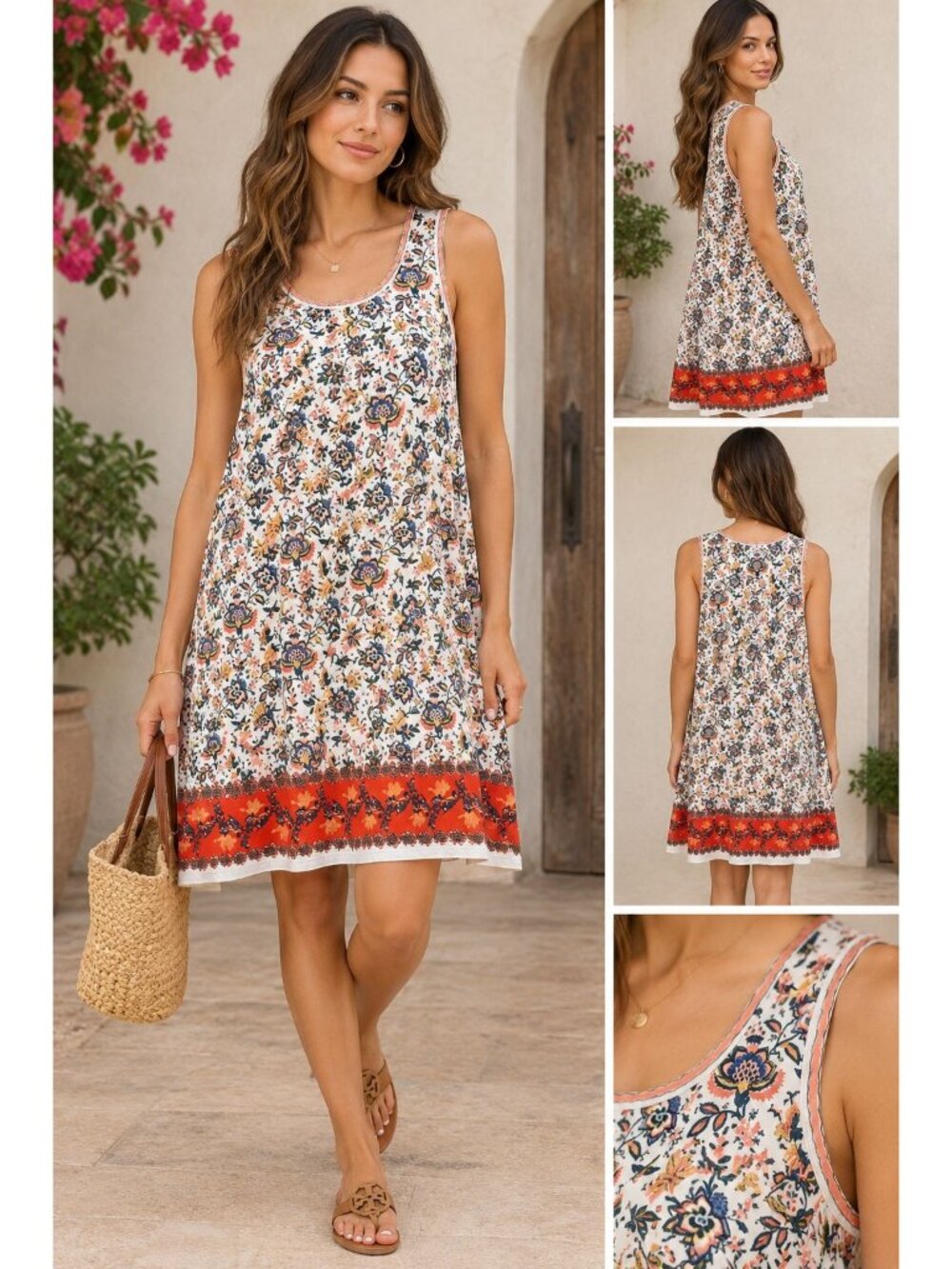 Boho Mediterranean Max Studio Floral Border Shift Dress Coastal Chic | L EUC